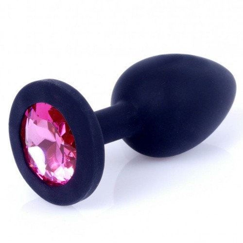 Boss Silikon Plug Jewellery Black Small - Анальная пробка с кристаллом, 8х3.5 см (черный с розовым)