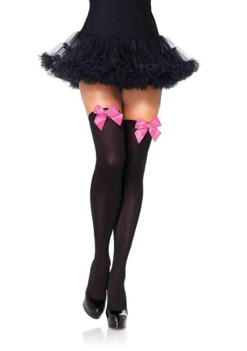 Leg Avenue Nylon Thigh Highs With Bow - чулки с бантиком (черный с фукси)