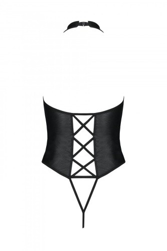 Passion Nancy Body боди из эко-кожи с имитацией шнуровки и открытым доступом, L/XL (чёрный)