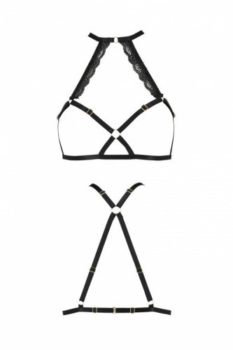Passion Exclusive Lorry Bra - Портупея из стреп с кружевом, S/M (черная)
