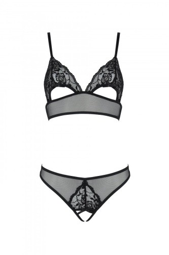 Passion Christa Set - Комплект: браллет с ажурным лифом и открытыми трусиками, L/XL (чёрный)