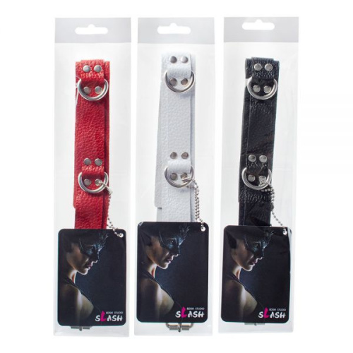 sLash Slave Leather Collar - кожаный БДСМ ошейник с кольцами, 55 см (белый)