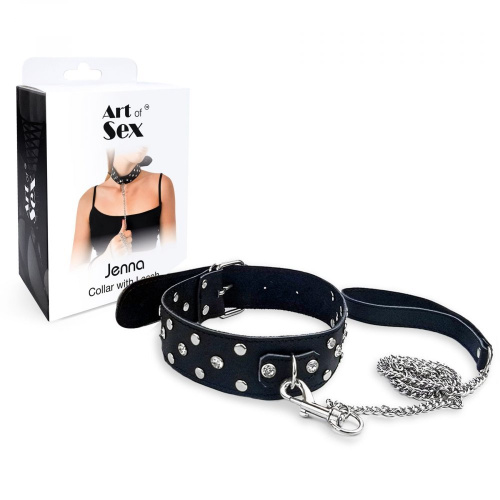 Art of Sex - Jenna Collar with Leash - Ошейник с поводком из натуральной кожи с заклепками