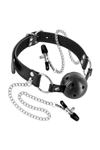 Fetish Tentation Rigid Gag Ball with Nipple Clamps - Повітропроникний кляп із затискачами для сосків - купити в Києві, Україні