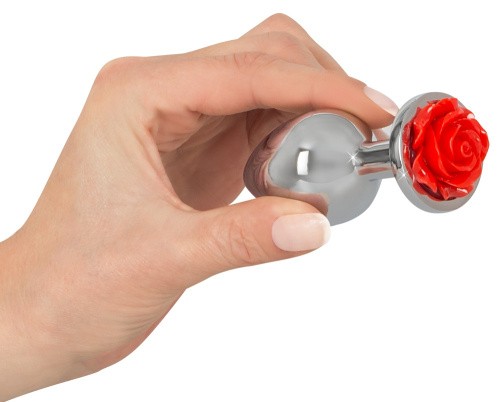 Orion Rose Butt Plug - Анальна пробка с розой в основании, 9х3.4 см (серебристый с красным)
