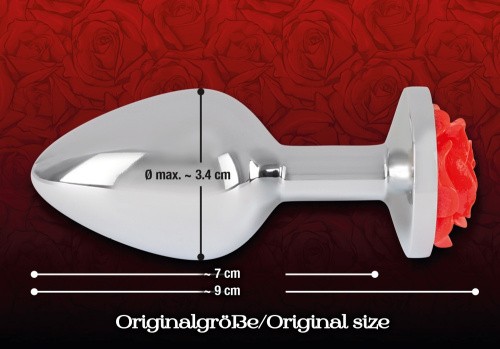 Orion Rose Butt Plug - Анальна пробка с розой в основании, 9х3.4 см (серебристый с красным)