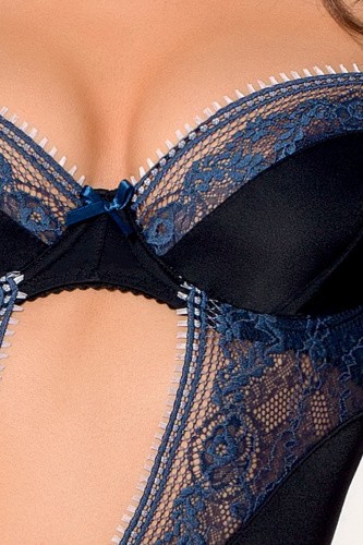 Passion Exclusive - Gisele Corset - Корсет с пажами и трусики, XXL/XXXL (черный с голубым)