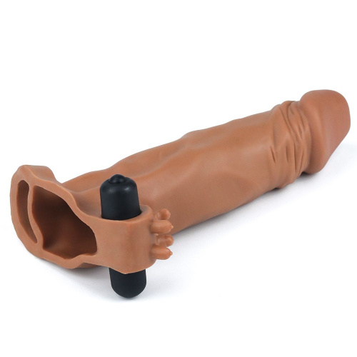 LoveToy - Pleasure X Tender Vibrating Penis Sleeve Brown Add 2 - Насадка на член, 19 см