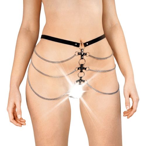 Сексуальные кожаные трусики украшенные цепями Art of sex - Cross, L-2XL