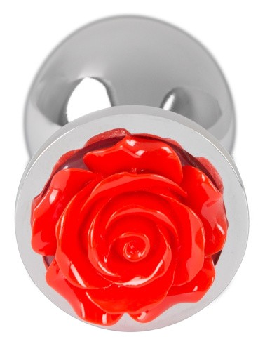 Orion Rose Butt Plug - Анальна пробка с розой в основании, 9х3.4 см (серебристый с красным)