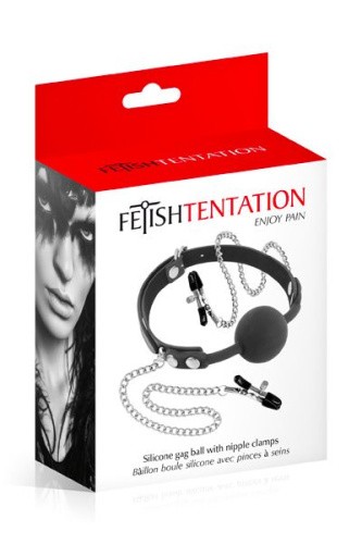 Fetish Tentation Gag Ball with Nipple Clamps - Кляп з силіконовою кулькою та затискачами для сосків - купити в Києві, Україні