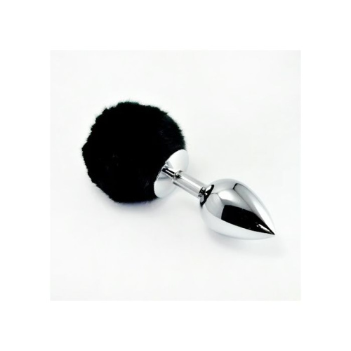LoveToy Large Silver Plug+Pompon Black - Большая серебристая анальная пробка с пушистым хвостом, 17х4 см (чёрный)