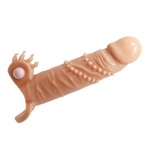 Pretty Love Penis extended Sleeve Connor Flesh Vibro - вибронасадка для увеличения члена с клиторальным стимулятором, +4 см (телесный)