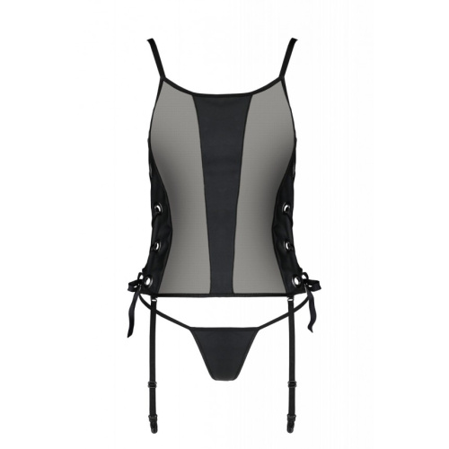 Passion Malwia Corset - Сетчатый корсет из эко-кожи с люверсами и съемными пажами, 4XL/5XL